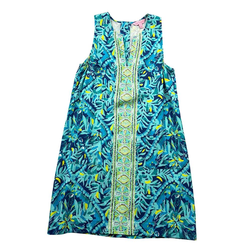 Lilly Pulitzer Dress Kelby Shift Dress Blue Green Tropical 4 Sleeveless Pockets